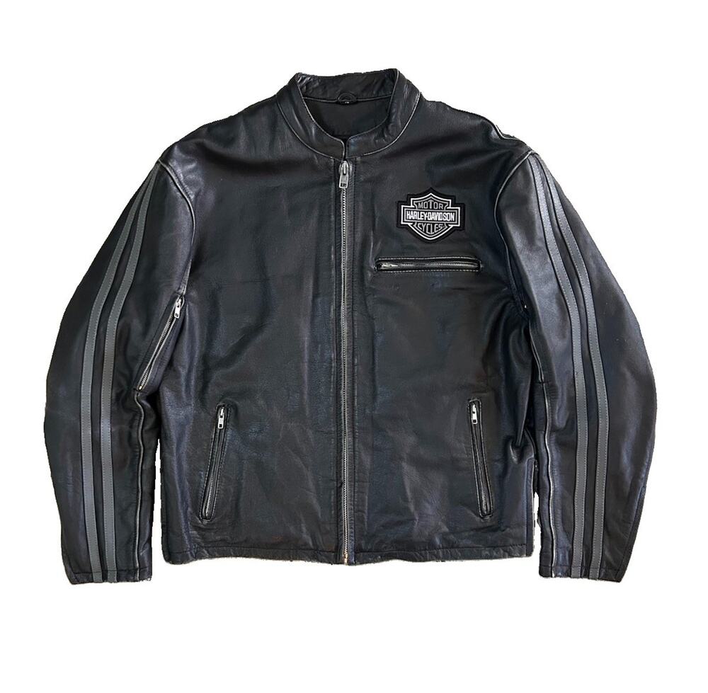 Vintage Harley Davidson Leather Biker Jacket Men’s XL Logo Gray Stripes Sleeves